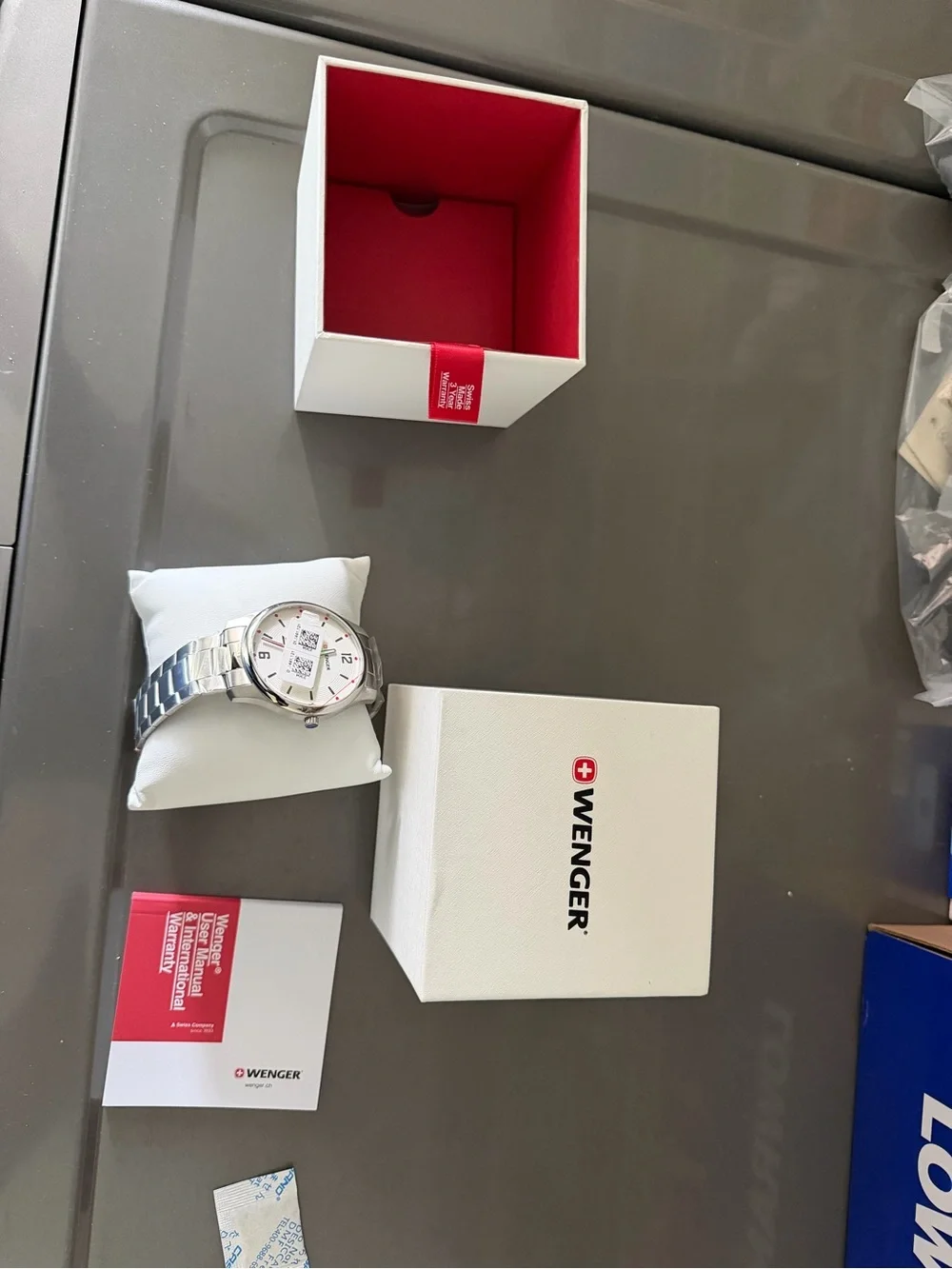 Wenger Men's Silver Watch with White Dial and Red Accents